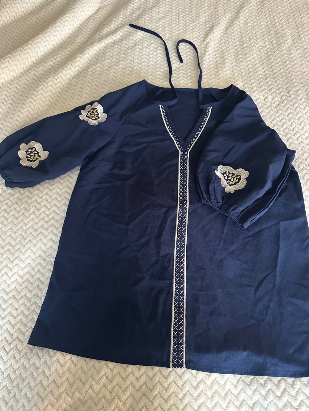 Navy Embroidered V-Neck Tunic Blouse